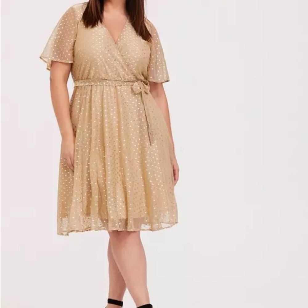 Torrid Gold Metallic Polka Dot Mesh Wrap Dress Size 3